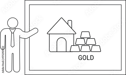 Presenter pointing at a house and gold bars illustration on a whiteboard