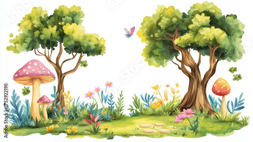 A whimsical watercolor forest scene with trees, mushrooms, and flowers.