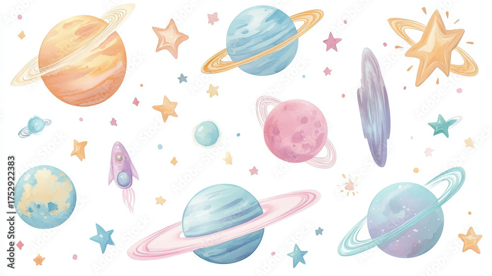 Obraz premium Watercolor planets and stars create a vibrant space-themed illustration, perfect for any project.