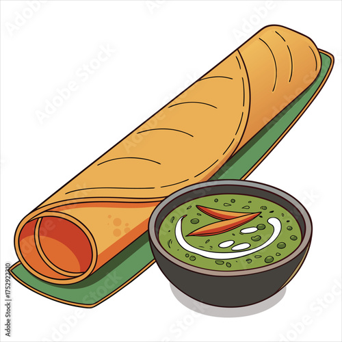 Delicious dosa with chutney, indian dish vector