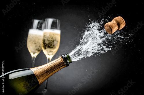 Bottiglia di champagne stappata, 2 bicchieri sullo sfondo nero