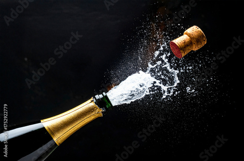 Bottiglia di champagne stappata su sfondo nero