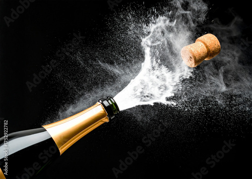 Bottiglia di champagne stappata su sfondo nero