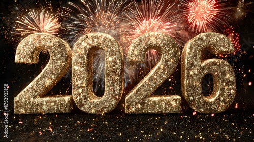 Wallpaper Mural Shiny 3D golden “2026” numbers with glowing fireworks and confetti raining down on a festive dark background Torontodigital.ca