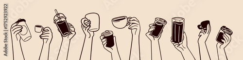 Doodle hands with cups of different hot and ice drinks. Outline mugs and glasses of coffee, tea, cocoa in arms. People are holding various beverages on top. Hand drawn isolated vector illustration