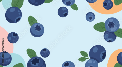 Fresh Blueberries Scattered on a Light Blue Background with Abstract Shapes.