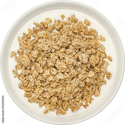 Oat granola with milk isolated, top view