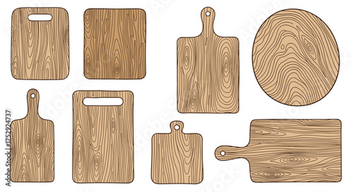 Collection of Wooden Cutting Boards of Various Shapes and Sizes.