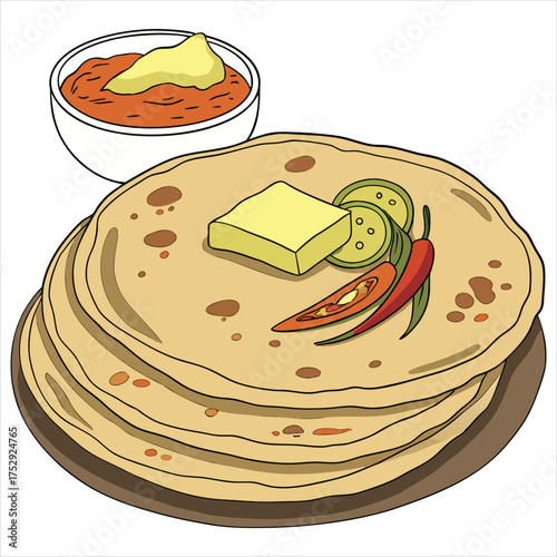 Stack of roti with butter and chili, a popular indian bread