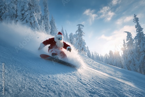 Santa Claus snowboarding down snowy mountain slope.