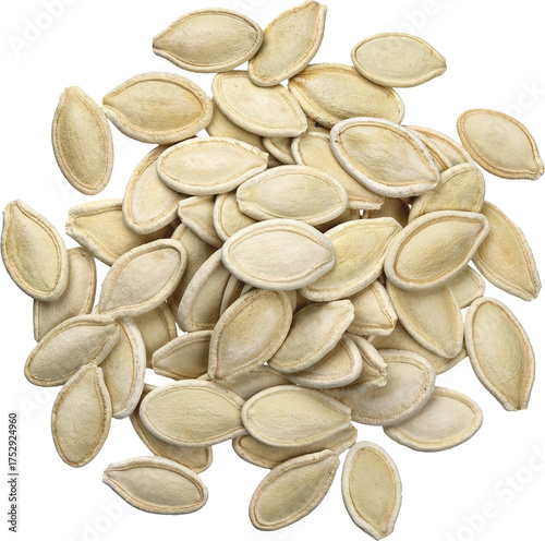 Pumpkin seeds pile isolated, top view