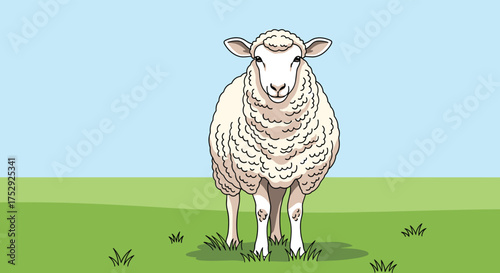 A fluffy white sheep stands in a green field under a blue sky.