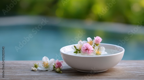 Spa And Wellness Floral Arrangement Floating In Water Bowl With Pool Background Outdoor