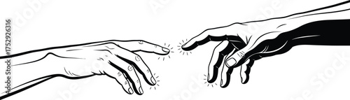 Two hands reaching out towards each other with glowing fingertips in a black and white illustration