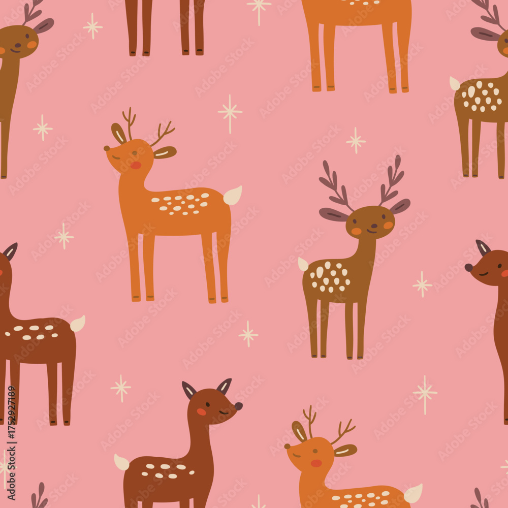 Naklejka premium Christmas seamless pattern with deer and stars on pink background. Perfect for wallpaper, gift paper, greeting cards. Vector hand drawn illustration