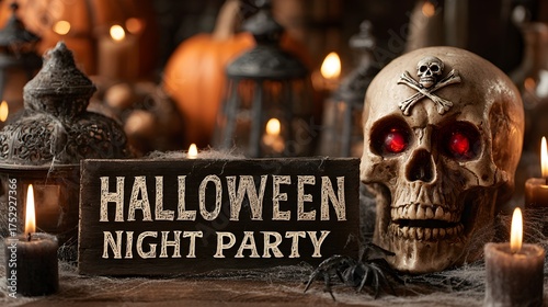 Wallpaper Mural Skull and crossbones with red glowing eyes, horror text “Halloween Night Party” surrounded by cobwebs and candles Torontodigital.ca