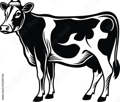 Black and white cartoon cow and bull illustration on farm