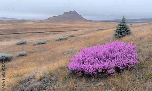 Prairie Bloom: Vivid Purple Bush Against Buttes and Sky