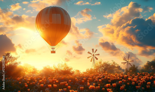 Golden Hour Balloon Ride Over Tulip Field with Distant Windmills
