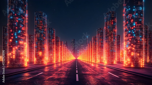 Futuristic Cityscape with Glowing Buildings and Wet Asphalt Road
