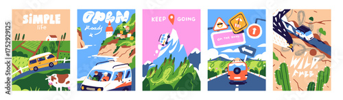 Postcards with travelling by car set. Road trip cards designs. Tourism by automobile. People ride to nature, mountains, or sea resorts driving campers, caravans, RVs, vans. Flat vector illustrations