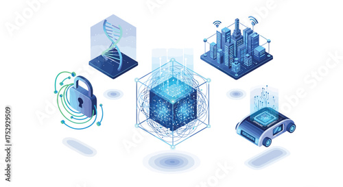 Futuristic technology elements hovering above surface representing innovation and progress in modern digital age, showcasing interconnectedness and advancement.