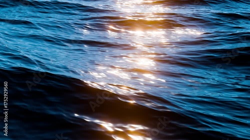 Sunlight sparkles over ocean waves. Slow motion close up of disturbed ocean water surface. Loop 4K animation