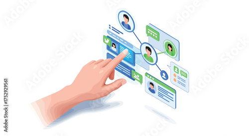 Hand interacts with social media interface, connecting profiles and displaying information on a digital screen, showcasing modern communication and networking.
