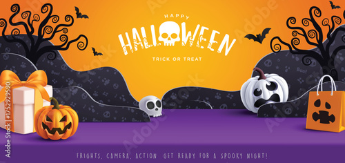 Halloween podium vector banner design. Happy Halloween text in podium stage with pumpkins, gift box, paper bag and skull elements in pattern backdrop for party celebration background.