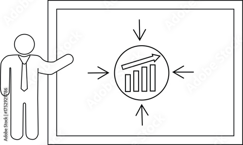 A stick figure presents a rising graph on a whiteboard with arrows indicating focus
