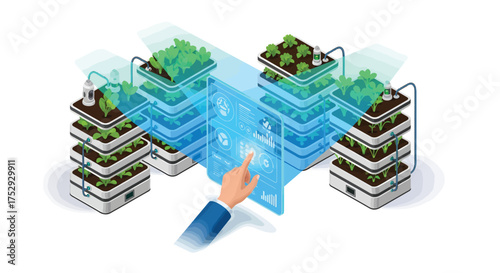 Hand interacting with digital interface controlling vertical farm in modern greenhouse, showcasing technology and sustainable agriculture.