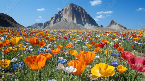 Vibrant wildflower meadow with mountain background