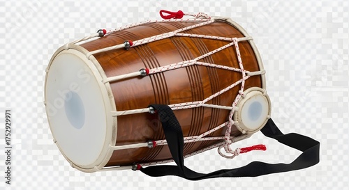 Authentic wooden Dholak drum, an Indian percussion instrument for music and celebration. isolated PNG with Transparent Background
