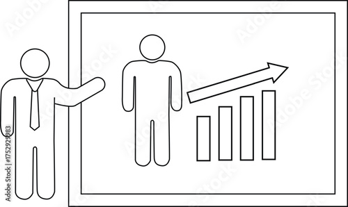 Line drawing depicts a person presenting a chart of growth with arrow