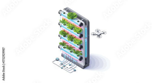 Vertical farm grows leafy greens using hydroponics system indoors, monitored by drone technology for sustainable agriculture and food production, showcasing innovation.