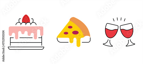 Modern hand-drawn food illustration set strawberry cake, cheesy pizza slice, and clinking wine glasses. Designed in a clean minimal vector style, perfect for kitchen wall art , digital and branding