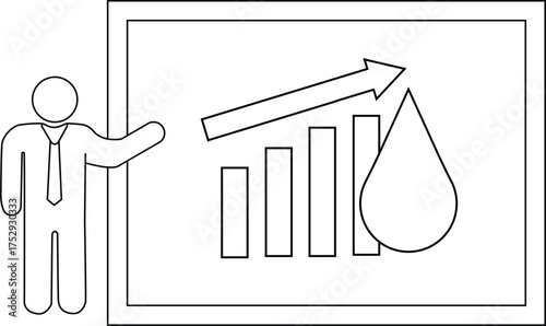 Stick figure presenting a graph with increasing bars an arrow and a water droplet