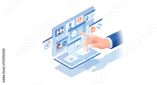 Hand interacts with digital interface displaying user profiles and data analytics in a modern workspace, showcasing technology and connectivity.