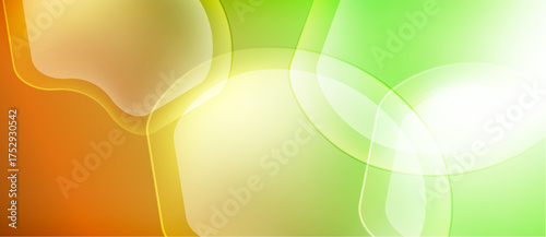 Abstract background features overlapping translucent shapes. Colors blend from orange, yellow, to vibrant green. Smooth gradients create soft visual effect.
