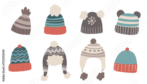 Cartoon vector set of cozy autumn and winter hats, knitted and textile caps, perfect for seasonal decorations, greeting cards, posters, and clipart projects.