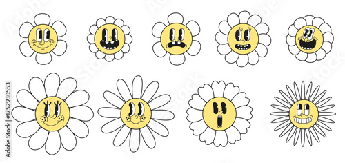 Funny doodle flowers with expressive cartoon faces. Hand drawn retro groovy mascot style floral characters, perfect for stickers, kids design, posters, apparel, and decorative prints.