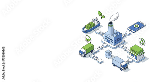Isometric factory connecting to various industries with green energy solutions, showcasing sustainable business practices and environmental responsibility.