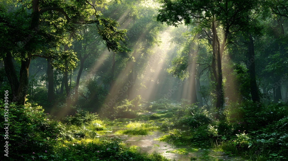 Obraz premium Sunlight streams through a lush forest canopy onto a winding path.