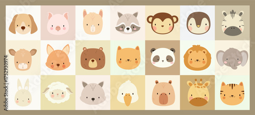 A set of cute animal faces. Vector.