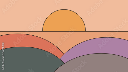 Abstract landscape with a setting sun and rolling hills in muted pastel colors and simple line art