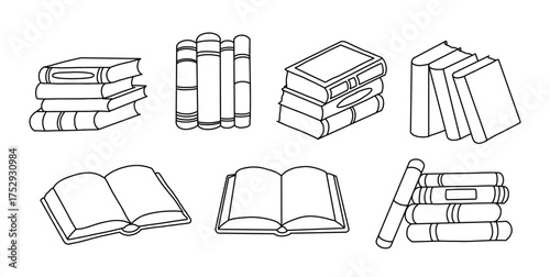 Hand drawn doodle set of books and open book illustrations. Sketch style collection perfect for education, library, study materials, posters, and school projects.
