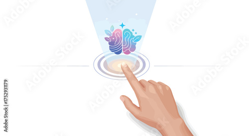 Hand activates brain hologram on white platform, symbolizing innovation and futuristic technology with a clean, modern aesthetic.