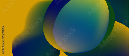 Abstract fluid shapes blend, creating vibrant color gradients. Yellow, blue, green hues dominate composition. Smooth transitions define forms.
