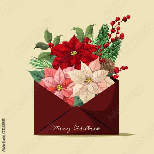 Christmas poster. Envelope with a bouquet of poinsettias. Vector.
