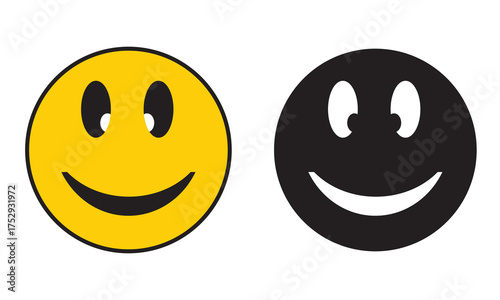 Yellow and black smiley face icons. Two simple smiley face icons, one yellow and one black, symbolizing happiness, contrast, and duality on a white background.
